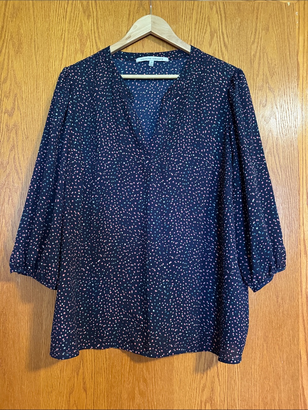Collective Concepts Navy V-Neck Blouse with Pink Dot Print